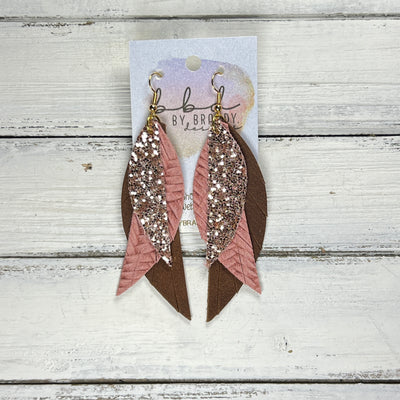ANDY -  Leather Earrings  ||   <BR> ROSE GOLD GLITTER (FAUX LEATHER), <BR> ROSE PINK BRAID, <BR> DISTRESSED BROWN