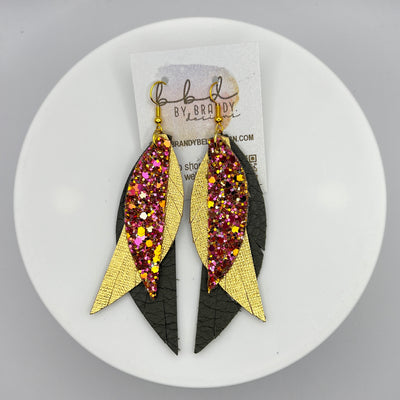 ANDY -  Leather Earrings  || <BR> PINK & GOLD GLITTER (FAUX LEATHER),   <BR> METALLIC GOLD SAFFIANO,<BR> MATTE OLIVE GREEN