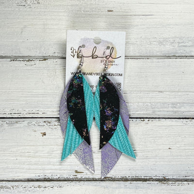 ANDY -  Leather Earrings  ||   <BR> IRIDESCENT NORTHERN LIGHTS, <BR> AQUA PALMS, <BR> DISTRESSED LAVENDER & SILVER
