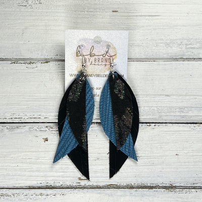 ANDY -  Leather Earrings  ||   <BR> IRIDESCENT LEOPARD ON BLACK, <BR> TEAL PALMS, <BR> METALLIC BLACK SMOOTH