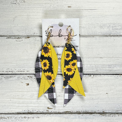 ANDY -  Leather Earrings  ||   <BR> SUNFLOWERS ON BLACK, <BR> MATTE YELLOW, <BR> BLACK & WHITE PETITE BUFFALO PLAID