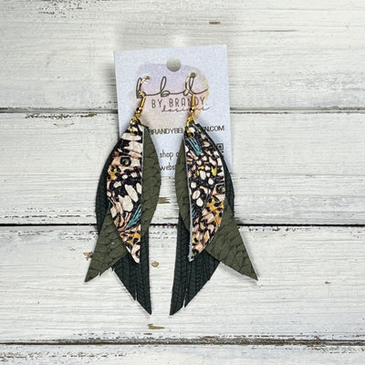 ANDY -  Leather Earrings  ||   <BR> BUTTERFLY WINGS, <BR> OLIVE GREEN BRAID, <BR> HUNTER GREEN PALMS