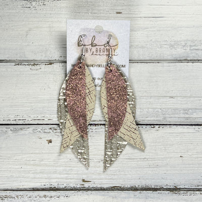 ANDY -  Leather Earrings  ||   <BR> SHIMMER VINTAGE PINK, <BR> ROSE GOLD HATCHING, <BR> METALLIC CHAMPAGNE PANAMA WEAVE