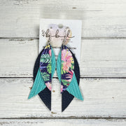 ANDY -  Leather Earrings  ||   <BR> TROPICAL FLORAL ON NAVY BLUE, <BR> AQUA PALMS, <BR> MATTE NAVY BLUE