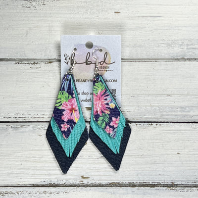 COLLEEN -  Leather Earrings  ||   <BR> TROPICAL FLORAL ON NAVY BLUE, <BR> AQUA PALMS, <BR> MATTE NAVY BLUE