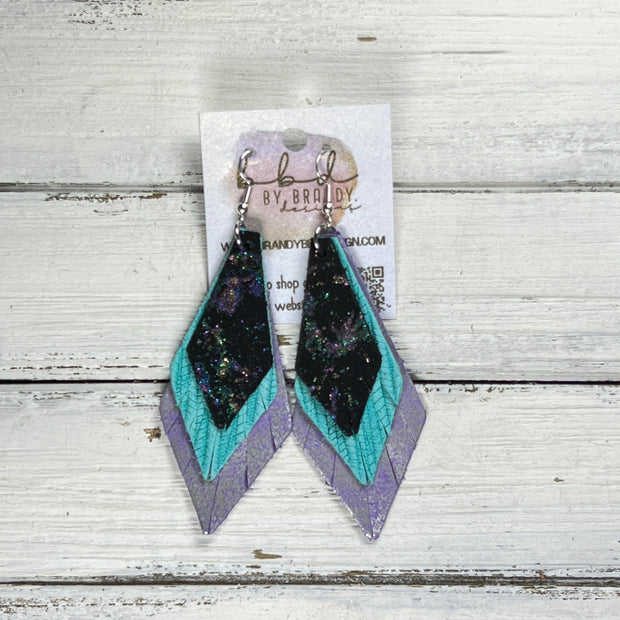 COLLEEN -  Leather Earrings  ||   <BR> IRIDESCENT NORTHERN LIGHTS, <BR> AQUA PALMS, <BR> DISTRESSED LAVENDER & SILVER