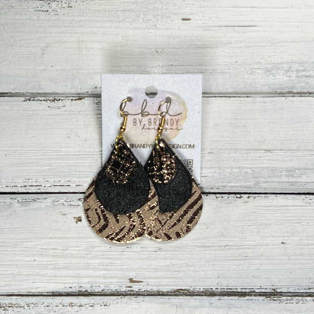 LINDSEY -  Leather Earrings  ||   <BR> ROSE GOLD PLAID ON BLACK, <BR> SHIMMER BLACK, <BR> ROSE GOLD STRIPES