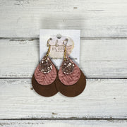LINDSEY -  Leather Earrings  ||   <BR> ROSE GOLD GLITTER (FAUX LEATHER), <BR> ROSE PINK BRAID, <BR> DISTRESSED BROWN