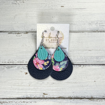 LINDSEY -  Leather Earrings  ||  <BR> AQUA PALMS, <BR> TROPICAL FLORAL ON NAVY BLUE, <BR> MATTE NAVY BLUE