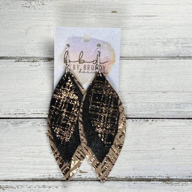INDIA -  Leather Earrings  ||   <BR> ROSE GOLD PLAID ON BLACK, <BR> SHIMMER BLACK, <BR> ROSE GOLD STRIPES