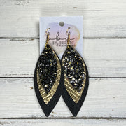 INDIA -  Leather Earrings  ||   <BR> NEW YEARS EVE GLITTER (FAUX LEATHER), <BR> METALLIC GOLD PANAMA WEAVE, <BR> MATTE BLACK