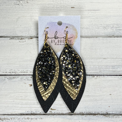 INDIA -  Leather Earrings  ||   <BR> NEW YEARS EVE GLITTER (FAUX LEATHER), <BR> METALLIC GOLD PANAMA WEAVE, <BR> MATTE BLACK