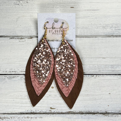 INDIA -  Leather Earrings  ||   <BR> ROSE GOLD GLITTER (FAUX LEATHER), <BR> ROSE PINK BRAID, <BR> DISTRESSED BROWN