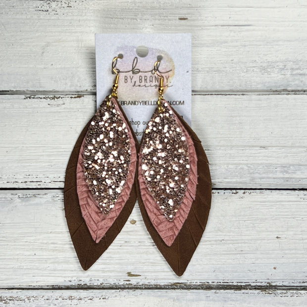 INDIA -  Leather Earrings  ||   <BR> ROSE GOLD GLITTER (FAUX LEATHER), <BR> ROSE PINK BRAID, <BR> DISTRESSED BROWN