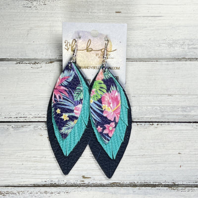 INDIA -  Leather Earrings  ||   <BR> TROPICAL FLORAL ON NAVY BLUE, <BR> AQUA PALMS, <BR> MATTE NAVY BLUE