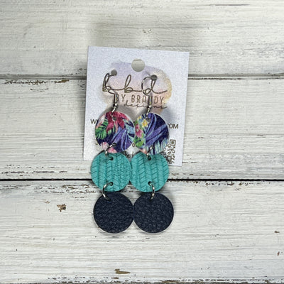 DAISY -  Leather Earrings  ||   <BR> TROPICAL FLORAL ON NAVY BLUE, <BR> AQUA PALMS, <BR> MATTE NAVY BLUE