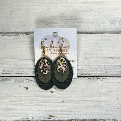DIANE -  Leather Earrings  ||   <BR> BUTTERFLY WINGS, <BR> OLIVE GREEN BRAID, <BR> HUNTER GREEN PALMS