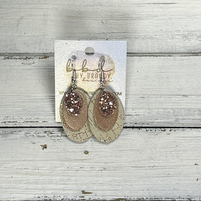 DIANE -  Leather Earrings  ||   <BR> ROSE GOLD GLITTER (FAUX LEATHER), <BR> PEARLIZED PINK, <BR> ROSE GOLD HATCHING