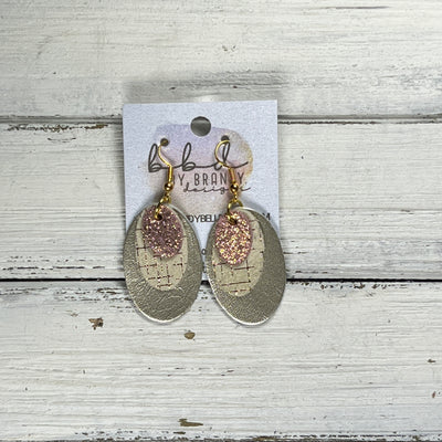 DIANE -  Leather Earrings  ||   <BR> SHIMMER VINTAGE PINK, <BR> ROSE GOLD HATCHING, <BR> METALLIC CHAMPAGNE SMOOTH