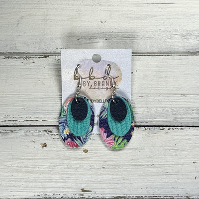 DIANE -  Leather Earrings  ||   <BR> MATTE NAVY BLUE, <BR> AQUA PALMS, <BR> TROPICAL FLORAL ON NAVY BLUE