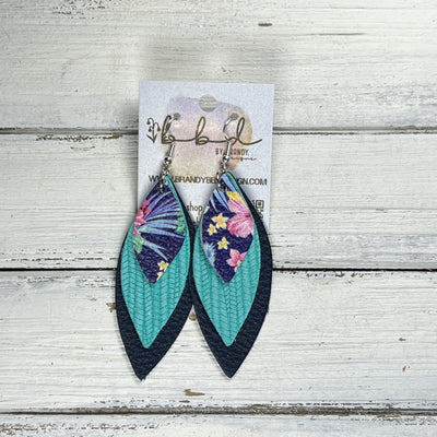 DOROTHY -  Leather Earrings  ||   <BR> TROPICAL FLORAL ON NAVY BLUE, <BR> AQUA PALMS, <BR> MATTE NAVY BLUE
