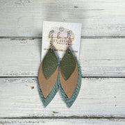 DOROTHY -  Leather Earrings  ||   <BR> PEARLIZED OLIVE, <BR> PEARLIZED PINK, <BR> DUSTY AQUA BRAID