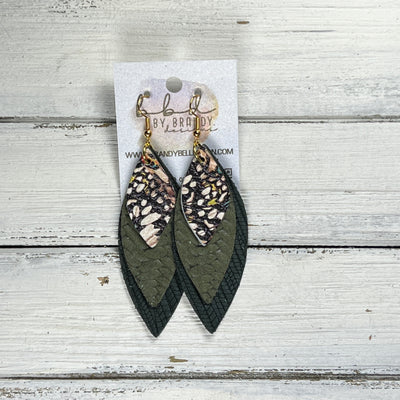 DOROTHY -  Leather Earrings  ||   <BR> BUTTERFLY WINGS, <BR> OLIVE GREEN BRAID, <BR> HUNTER GREEN PALMS