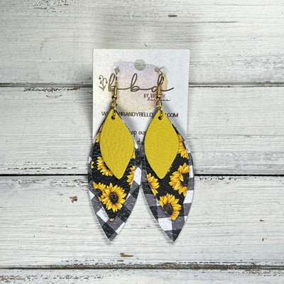 DOROTHY -  Leather Earrings  ||   <BR> MATTE YELLOW, <BR> SUNFLOWERS ON BLACK, <BR> BLACK & WHITE PETITE BUFFALO PLAID