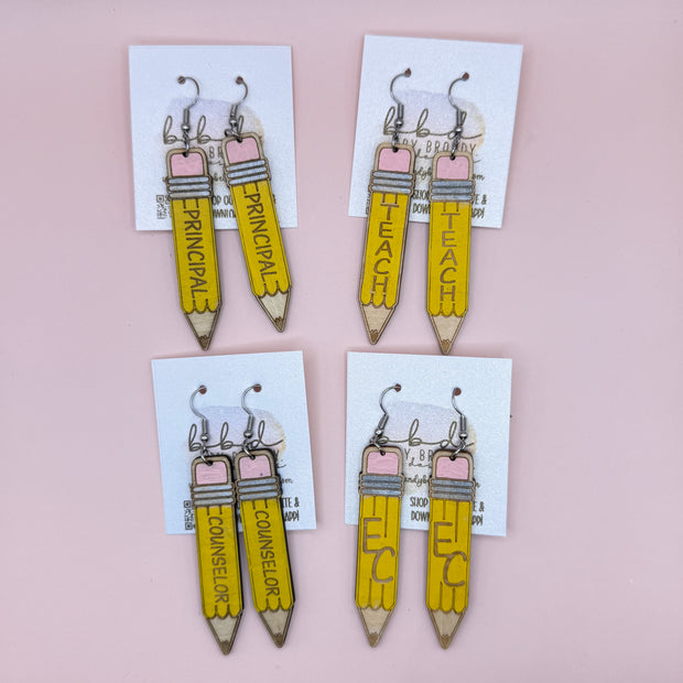 HAND-PAINTED PENCIL EARRING ||  <br> Wood earrings by Brandy Bell <br> Choose Your Grade