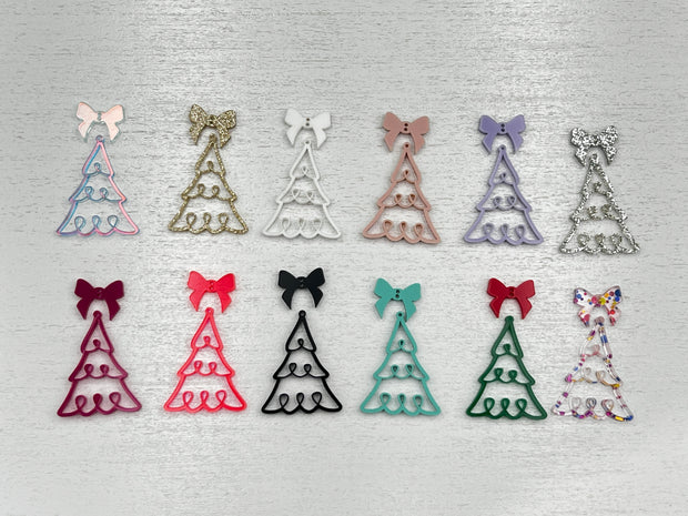 ACRYLIC EARRINGS || <BR> Bow + Christmas Tree Earrings  - PINK BOW + MULTICOLOR GLITTER TREE
