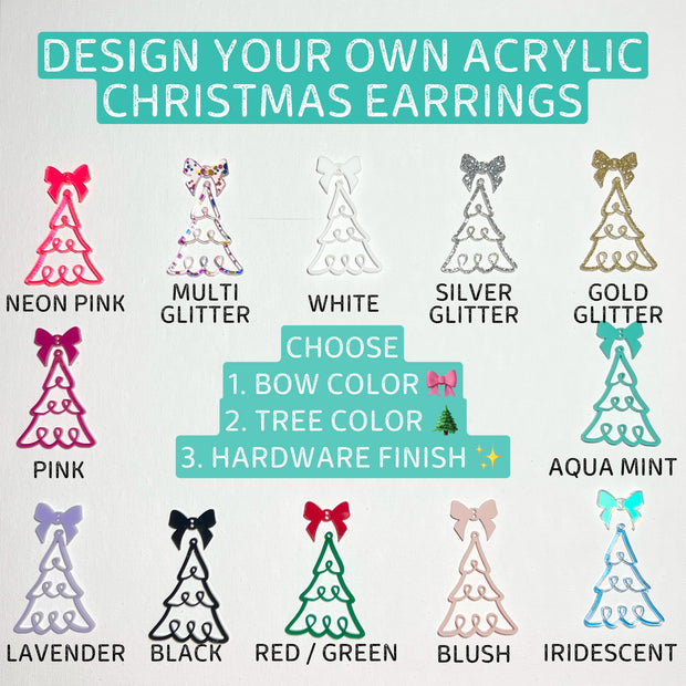 ACRYLIC EARRINGS || <BR> Bow + Christmas Tree Earrings  - PINK BOW + MULTICOLOR GLITTER TREE