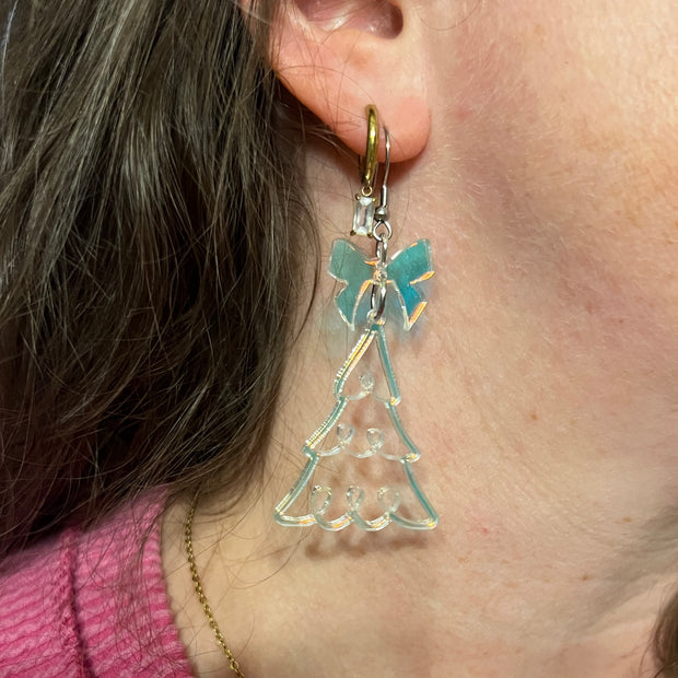 ACRYLIC EARRINGS || <BR> Bow + Christmas Tree Earrings  - PINK BOW + MULTICOLOR GLITTER TREE