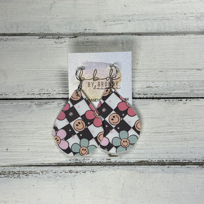 ZOEY (3 sizes available!) -  Leather Earrings  || SMILEY FLOWERS ON CHECKERED (FAUX LEATHER)