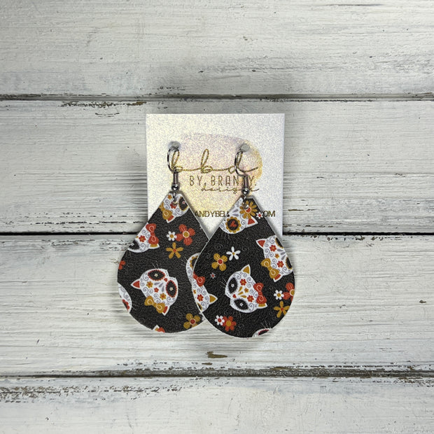 ZOEY (3 sizes available!) -  Leather Earrings  ||  SUGAR SKULL CATS ON BLACK (FAUX LEATHER)