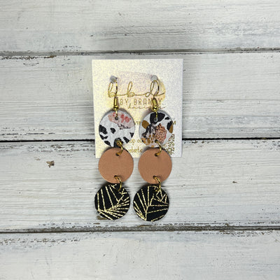 DAISY -  Leather Earrings  ||  <BR> CORAL FLORAL CHEETAH, <BR> PEARLIZED PEACH, <BR> GOLD CHINESE FANS ON BLACK