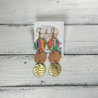 DAISY -  Leather Earrings  ||  <BR> COLORFUL CONFETTI, <BR> PEARLIZED PEACH, <BR> METALLIC GOLD BRAID