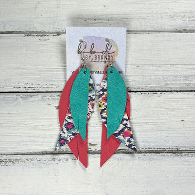 ANDY -  Leather Earrings  ||  <BR> PEARLIZED AQUA, <BR> MULTICOLOR IKAT, <BR> CORAL/PINK