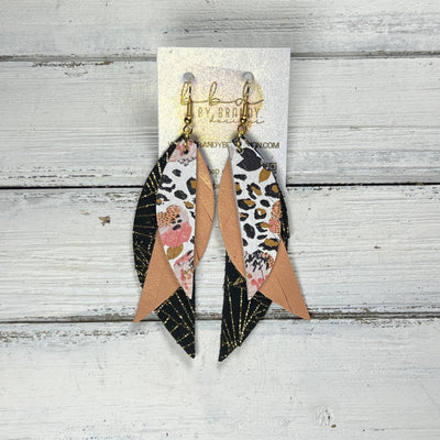 ANDY -  Leather Earrings  ||  <BR> CORAL FLORAL CHEETAH, <BR> PEARLIZED PEACH, <BR> GOLD CHINESE FANS ON BLACK