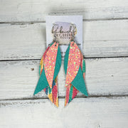 ANDY -  Leather Earrings  ||  <BR> PEACH GLITTER (FAUX LEATHER), <BR> PEARLIZED AQUA, <BR> COLORFUL CONFETTI