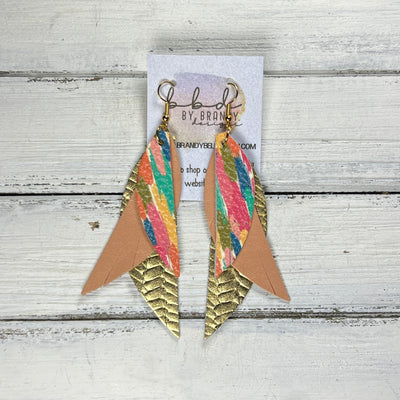 ANDY -  Leather Earrings  ||  <BR> COLORFUL CONFETTI, <BR> PEARLIZED PEACH, <BR> METALLIC GOLD BRAID