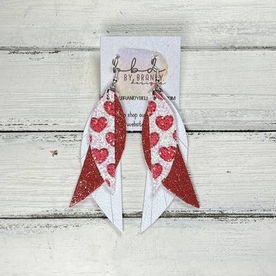 ANDY -  Leather Earrings  ||  <BR> RED GLITTER HEARTS (FAUX LEATHER), <BR> SHIMMER RED, <BR> MATTE WHITE