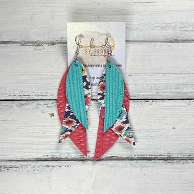 ANDY -  Leather Earrings  ||  <BR> AQUA PALMS, <BR> MULTICOLOR IKAT, <BR> SALMON BRAID