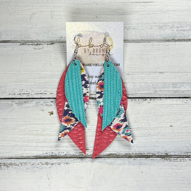 ANDY -  Leather Earrings  ||  <BR> AQUA PALMS, <BR> MULTICOLOR IKAT, <BR> SALMON BRAID