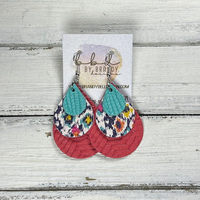 LINDSEY -  Leather Earrings  ||  <BR> AQUA PALMS, <BR> MULTICOLOR IKAT, <BR> SALMON BRAID