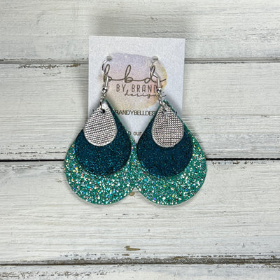 LINDSEY -  Leather Earrings  ||  <BR> METALLIC SILVER SAFFIANO, <BR> SHIMMER TEAL, <BR> SPARKLE GREEN