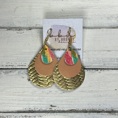 LINDSEY -  Leather Earrings  ||  <BR> COLORFUL CONFETTI, <BR> PEARLIZED PEACH, <BR> METALLIC GOLD BRAID