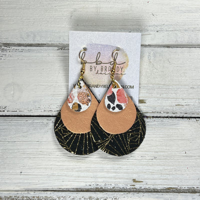 LINDSEY -  Leather Earrings  ||  <BR> CORAL FLORAL CHEETAH, <BR> PEARLIZED PEACH, <BR> GOLD CHINESE FANS ON BLACK