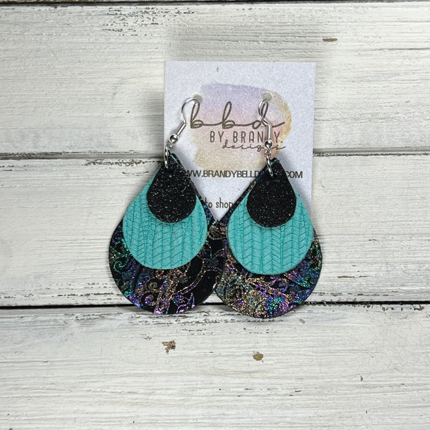 LINDSEY -  Leather Earrings  ||  <BR> SHIMMER BLACK, <BR> AQUA PALMS <BR> IRIDESCENT PAISLEY ON BLACK