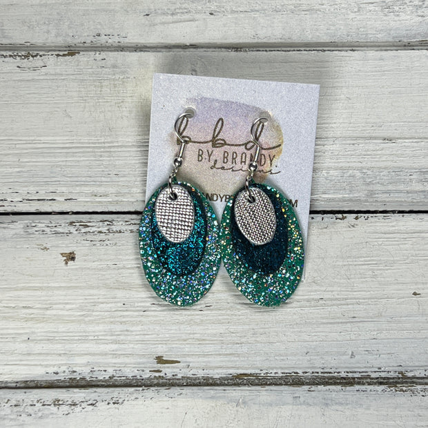 DIANE -  Leather Earrings  ||  <BR> METALLIC SILVER SAFFIANO, <BR> SHIMMER TEAL, <BR> SPARKLE GREEN