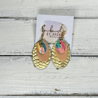 DIANE -  Leather Earrings  ||  <BR> COLORFUL CONFETTI, <BR> PEARLIZED PEACH, <BR> METALLIC GOLD BRAID